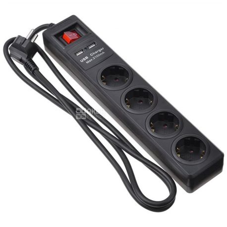 Мережевий фільтр, з вимикачем, 2Е 4XSchuko із захистом, 2 х USB х 2.1 А, 3G1.5 х 1.8 м, чорний