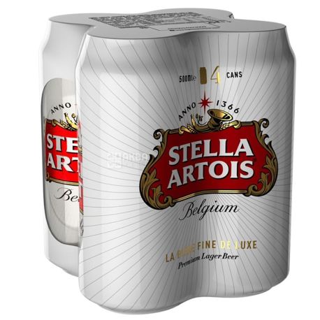 Stella Artois, Belgium, 4 х 0,5 л, Стелла Артуа, Пиво светлое, мультипак, ж/б