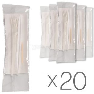 Альфа Пак, Набор одноразовой посуды (вилка, нож, салфетка, зубочистка), 20 предметов