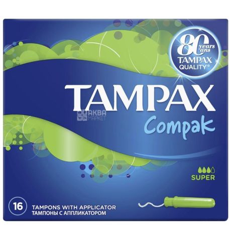 Tampax, Compak Super Duo, 16 шт., Тампоны гигиенические с аппликатором, 3 капли