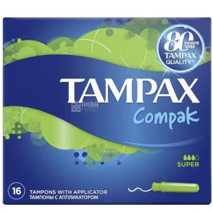 Tampax, Compak Super Duo, 16 шт., Тампоны гигиенические с аппликатором, 3 капли