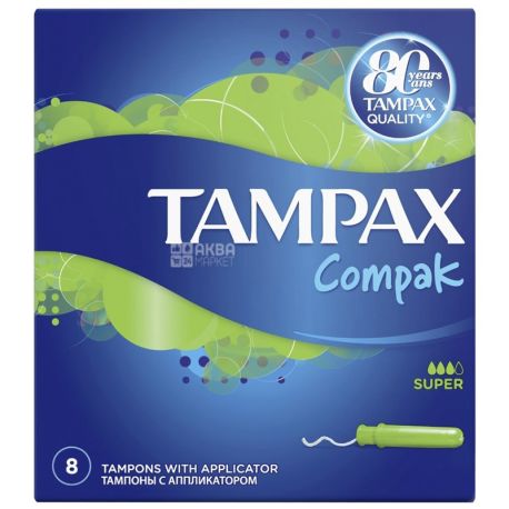 Tampax, Compak Super Single, 8 шт., Тампони з аплікатором, 3 краплі