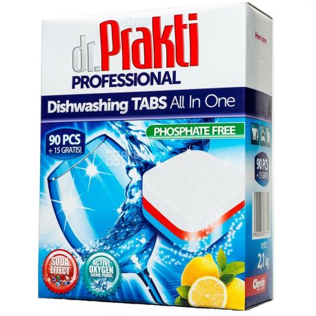 Dr.Prakti Professional, Dishwasher Tablets with Lemon Flavor, 90 + 15 PCS, Cardboard