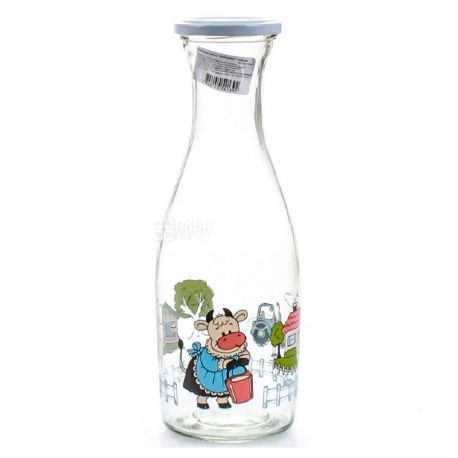 Бутылка для молока стеклянная прозрачная с крышкой, Коровка, 1 л, Everglass Мilk