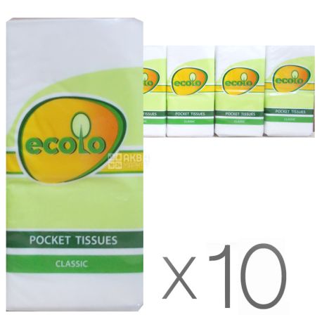 Ecolo, Упаковка 10 пачек по 9 шт., Хусточки носові паперові Еколо, 2-х шарові, Білі