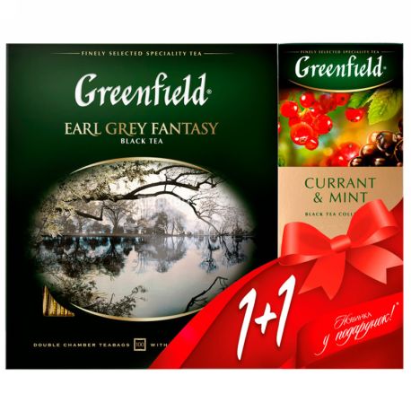 Greenfield, Earl Grey 100 пак., + Greenfield Currant Mint 25 пак., Чай Грінфілд, Ерл Грей + Смородина М'ята, чорний, набір