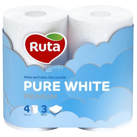 Ruta Pure White, White Three Layered Toilet Paper, 4 Rolls