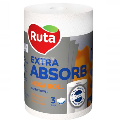 Ruta, Extra Absorb, 1 рул., Паперові рушники Рута, Суперпоглинаючі, 3-шарові, 20 м, 175 аркушів, 15х15 см