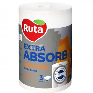 Ruta Extra Absorb, 1 рул., Паперові рушники суперпоглинаючі Рута, білі, 3-шарові, 20 м, 175 аркушів, 225х115мм