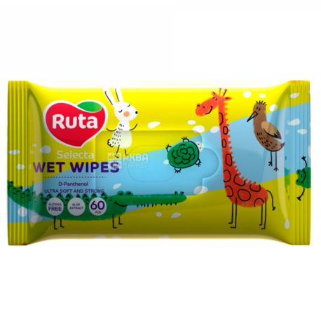 Ruta Selecta Funny animals, Wet wipes with aloe extract, 60 pcs.
