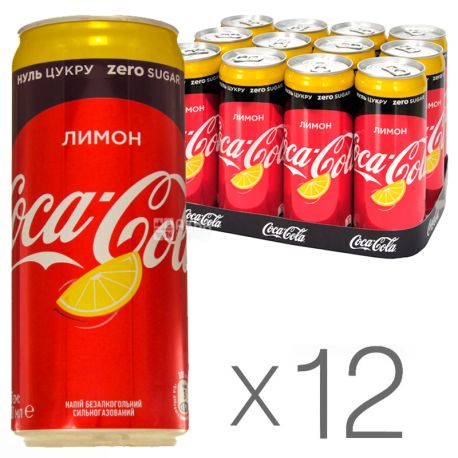 Coca-Cola Zero, Lemon, Упаковка 12 шт. по 0,33 л, Кока-Кола Зеро, Лимон, Вода сладкая, низкокалорийная, ж/б