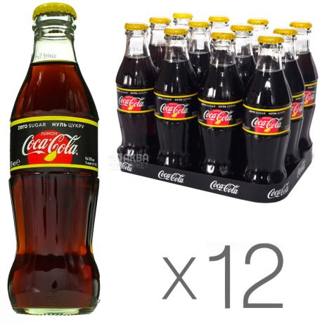 Coca-Cola Zero, Лимон, Упаковка 12 шт. по 0,25 л, Кока-Кола Зеро, Вода сладкая, низкокалорийная, стекло