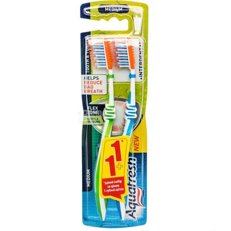 Aquafresh + Interdental, 1 + 1 шт., Зубна щітка для зубів і мови, середньої жорсткості