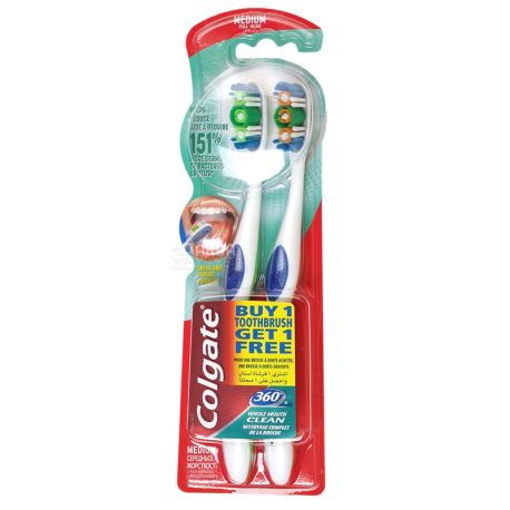 Colgate 360 Clean, 1+1 шт., Зубная щетка  средней жесткости