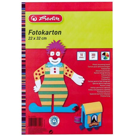Herlitz, 10 кольорів, Картон кольоровий двосторонній, 300 г/м2, 220х320 мм