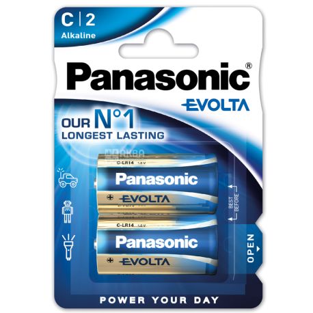Panasonic Evolta, C, 2 шт., 1,5 V, Батарейки щелочные, LR14