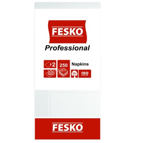 Fesko Professional, 250 шт., Салфетки столовые Феско Профешнл, 2-х слойные, 33x33 см, белые