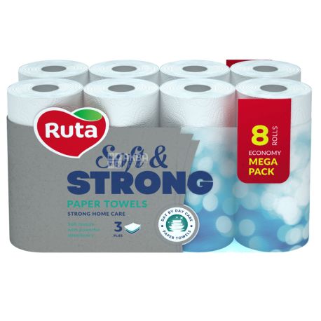 Ruta, Soft & Strong, 8 рул., Паперові рушники Рута, М'які та міцні, 3-шарові, 85 аркушів, 39х21 см