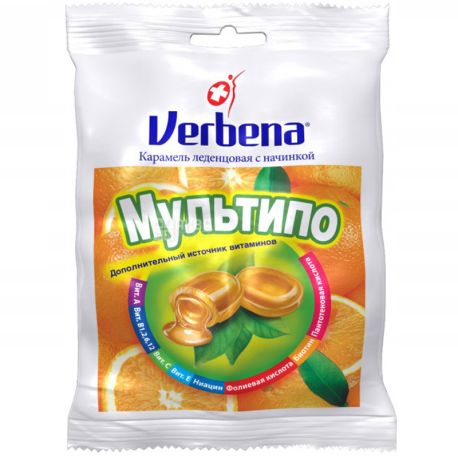 Verbena Мультипо, Леденцы с апельсиновой начинкой и витаминами, 60 г