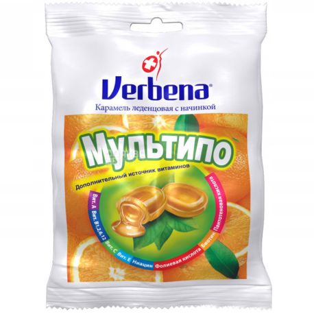 Verbena Мультипо, Льодяники з апельсиновою начинкою і вітамінами, 60 г