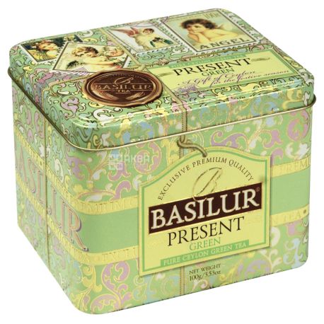 Basilur Present Green, 100 г, Чай Базилур, зеленый с фруктово-цветочным ароматом, подарочная упаковка, ж/б