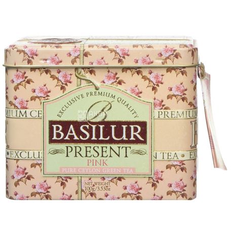 Basilur Present Pink, 100 г, Чай Базилур, Розовый подарок, зеленый с кусочками фруктов, ж/б