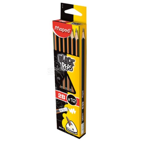 A set of graphite pencils with an eraser, 2B, 12 pcs, TM Maped