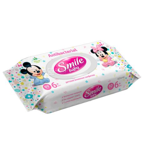Smile Baby, 60 шт., Салфетки влажные Антибактериальные, Детские, для ухода за кожей
