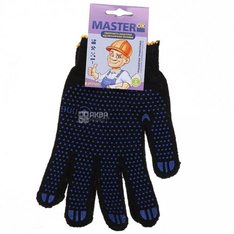 MasterOk, 1 пара, Размер М, Перчатки рабочие, с ПВХ покрытием, черно-синие