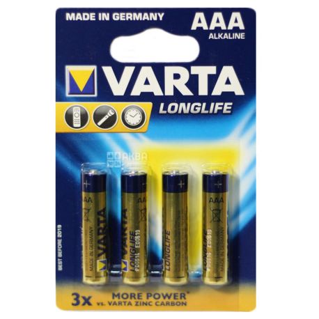 Varta Longlife Power, 4 шт., Батарейки AAА, алкалінові, LR03