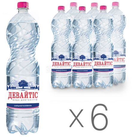 Девайтис, 1,5 л, Упаковка 6 шт., Вода минеральная сильногазированная, ПЭТ