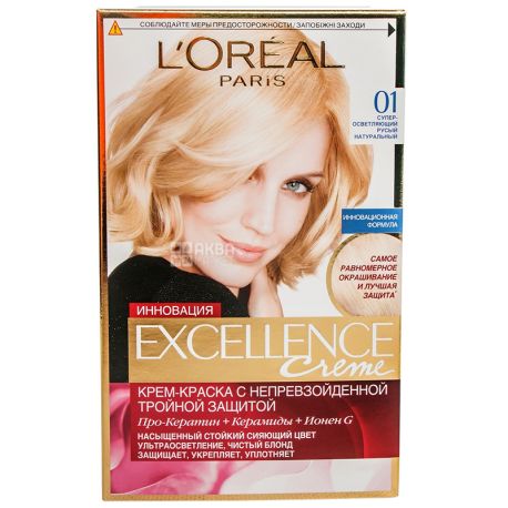L'Oreal, Paris Excellence, Крем-краска для волос, Тон 01 Супер-осветляющий русый