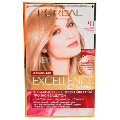 L'Oreal, Paris Excellence Creme, Крем-фарба для волосся, Тон 9.1 Дуже світло-русявий попелястий