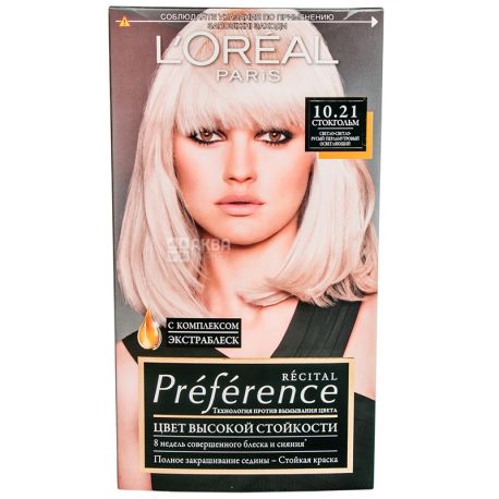 L'Oreal, Preference, Стійка-фарби для волосся, Відтінок 10.21, Стокгольм, Світло-світло русявий, Перламутровий, Освітлюючий