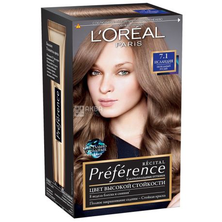 L'Oreal, Preference, Стійка-фарба, Для волосся, Відтінок 7.1, Ісландія, Попелясто-русявий