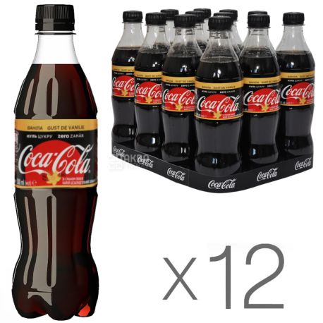 Coca-Cola Zero, Vanilla, Упаковка 12 шт. по 0,5 л, Кока-Кола Зеро, Ваниль, Вода сладкая, низкокалорийная, ПЭТ