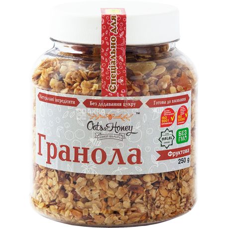 Oats & Honey, 250 г, Гранола Оетс енд Хані, мед, вівсяні пластівці, курага, чернослив, изюм, яблоко, ананас, банан