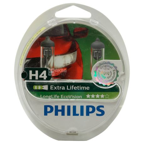 Philips Extra Lifetime, Автолампа галогенна, 60/55 ВТ, H4, 12 V, упаковка 2 шт