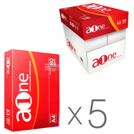 Офисная бумага, белая, А4, 80 г/м2, класс В+, 5 пачек по 500 л, ТМ A-One