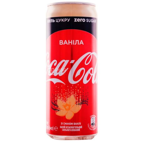 Coca-Cola Zero, Vanilla, 0,33 л, Кока-Кола Зеро, Ваніль, Вода солодка, низькокалорійна, ж/б