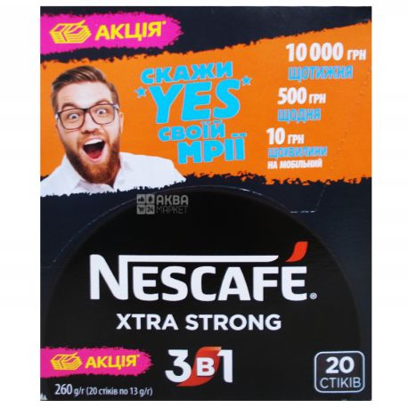 Nescafe Xtra Strong 3 в 1, 20 шт. х 13 г, Кофейный напиток Нескафе Экстра Стронг, растворимый, в стиках 