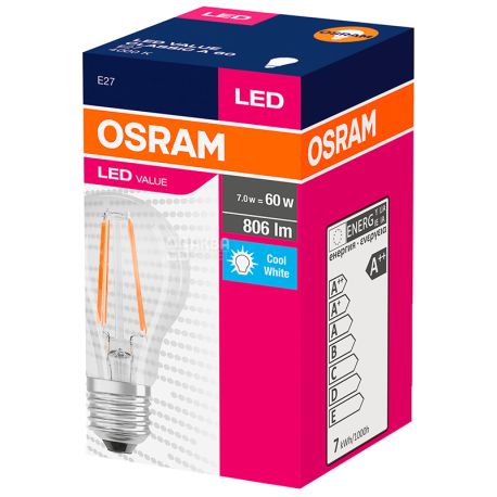 Оsram LED Value, Filament lamp, E27 base, 7W, 220V, warm glow, 806lm