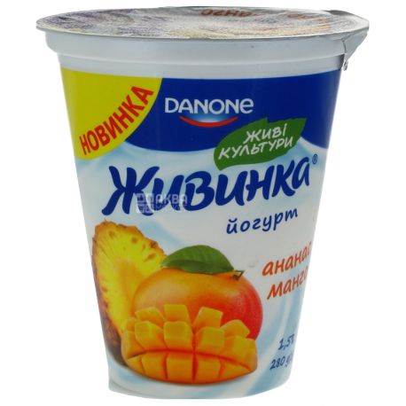 Danone, Йогурт живинка ананас-манго, 1,5%, 280 г