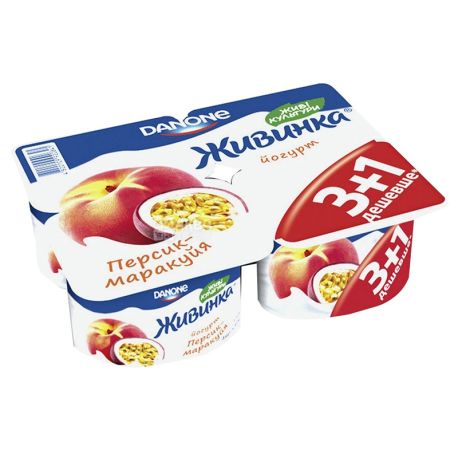 Danone, Йогурт живинка персик-маракуйя, 1,5%, 4шт., 460 г