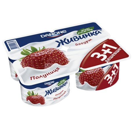 Danone, Йогурт живинка полуниця, 1,5%, 4 шт по 115 г