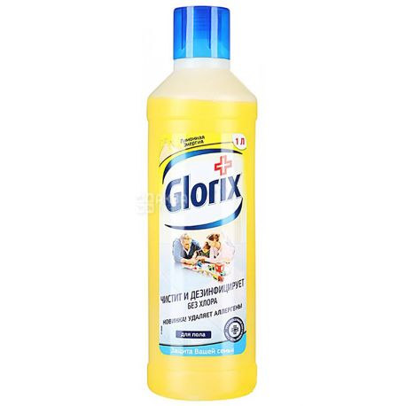 Glorix, Лимон, 1 л, Средство для полов, очищает, дезинфицирует и удаляет аллергены, без хлора