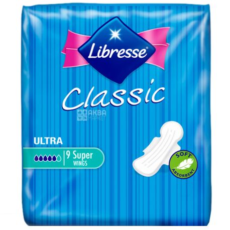 Libresse, Classic Ultra Super, 9 шт., Прокладки гігієнічні, 5 крапель