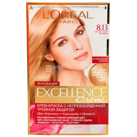 L'Oreal, Excellence Creme, Крем-фарба для волосся, Світло-русявий бежевий, тон 8.13, 50 мл