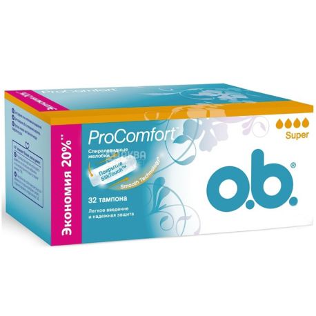 o.b., ProComfort Super, 32 шт., Тампони гігієнічні, без аплікатора, 4 краплі