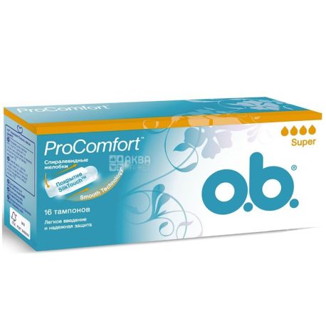 o.b., ProComfort Super, 16 шт., Тампони гігієнічні, без аплікатора, 4 краплі